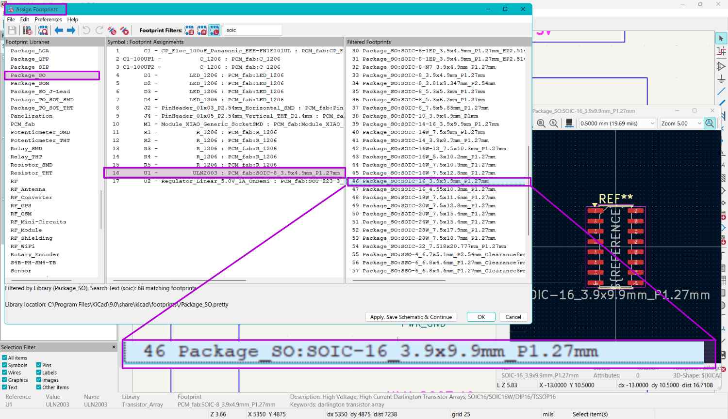 The footprint was changed for the ULN2003. Right click on the footprint, open Properties, and choose Change Footprint.